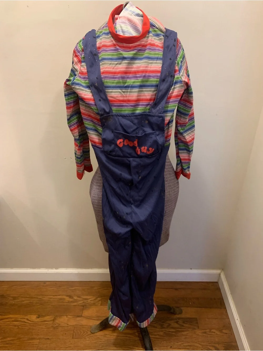 Kids Chucky Striped Multicolor Shirt with Navy Overalls Halloween Costume